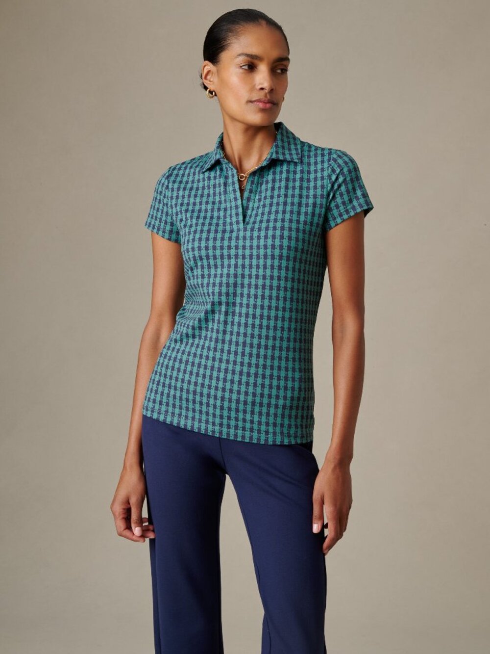 J McLaughlin Merlin Cap Sleeve Polo in Algiers Check - Green/Navy NEW